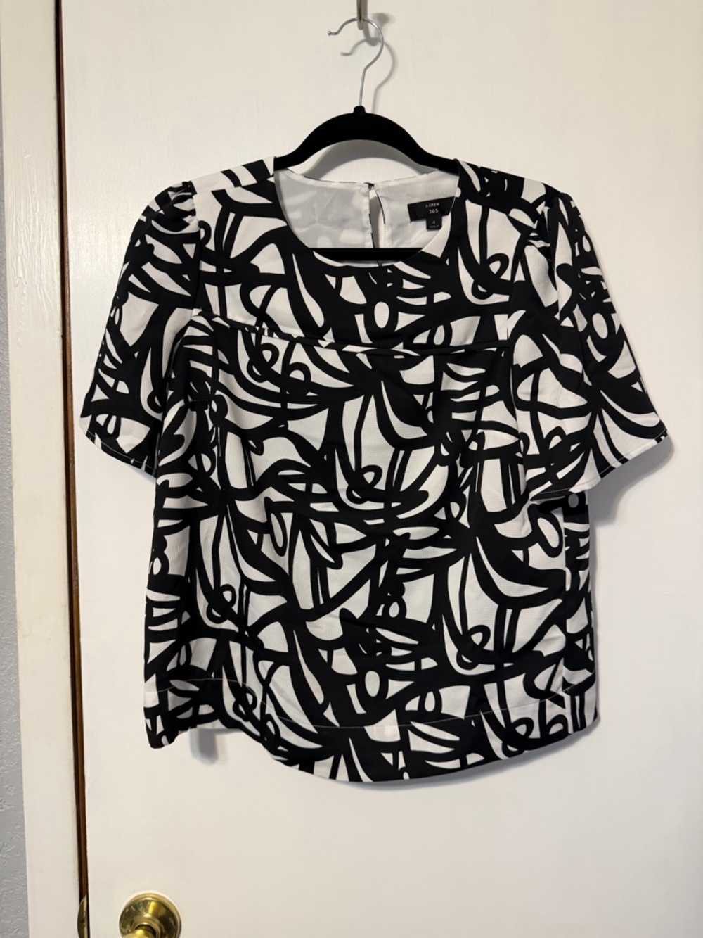 J. Crew Black and White Abstract Short Sleeve Blouse